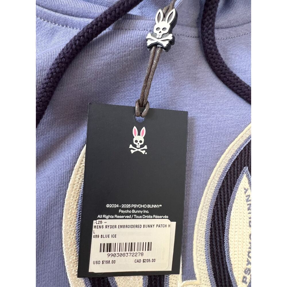 Psycho Bunny Ryder Embroidered Bunny Patch Hoodie Blue Ice Men's Size L New - Picture 3 of 16